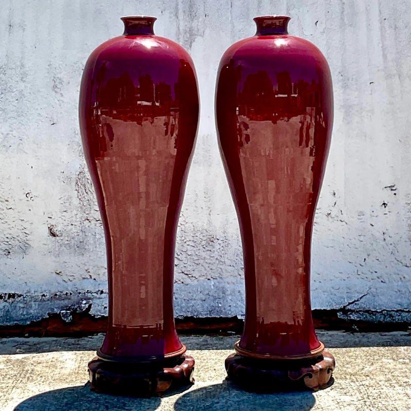Vintage Boho Monumental “Sang De Bouf” Glazed Ceramic Vases - a Pair - Top view