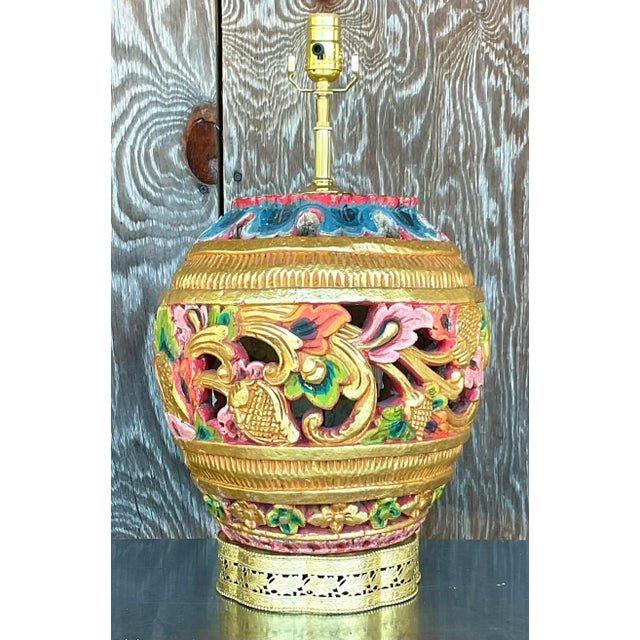 Vintage Boho Carved Wood Table Lamp - Detail view