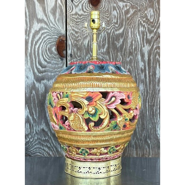 Vintage Boho Carved Wood Table Lamp - Side view