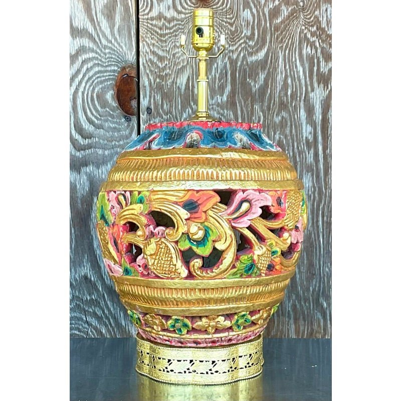 Vintage Boho Carved Wood Table Lamp - Back view