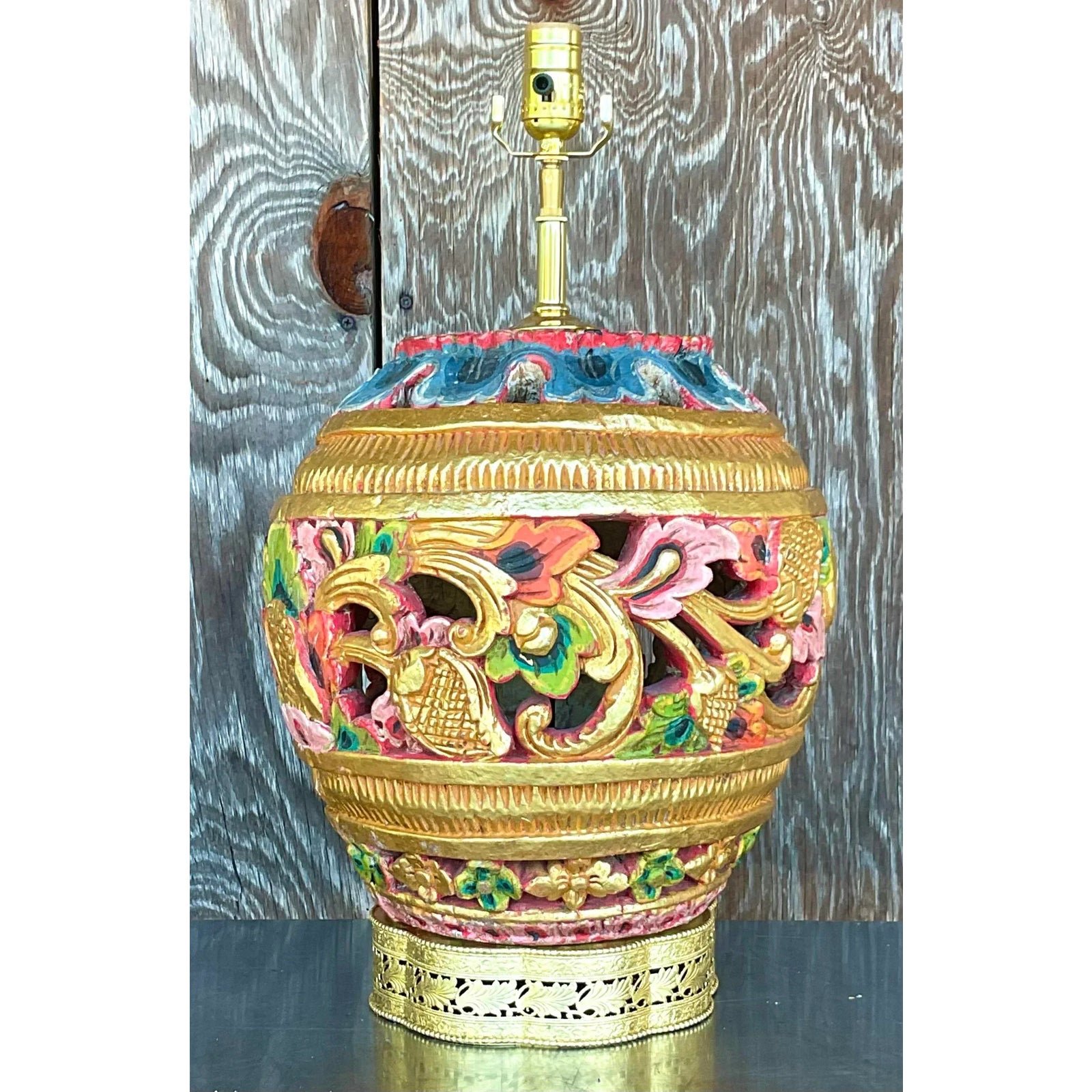 Vintage Boho Carved Wood Table Lamp - Top view