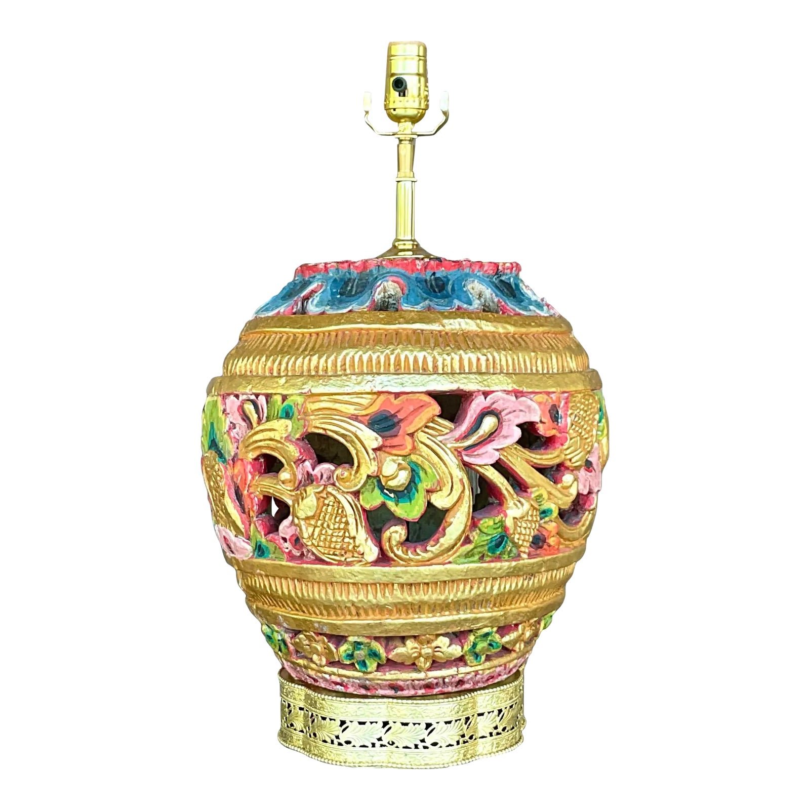 Vintage Boho Carved Wood Table Lamp
