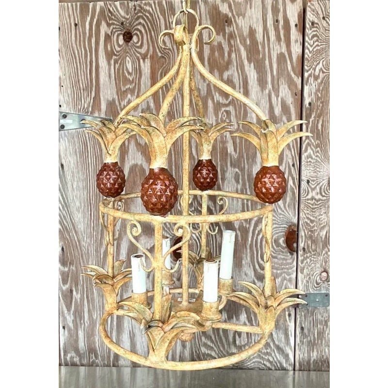 Vintage Coastal Painted Metal Pineapple Chandelier - Side view