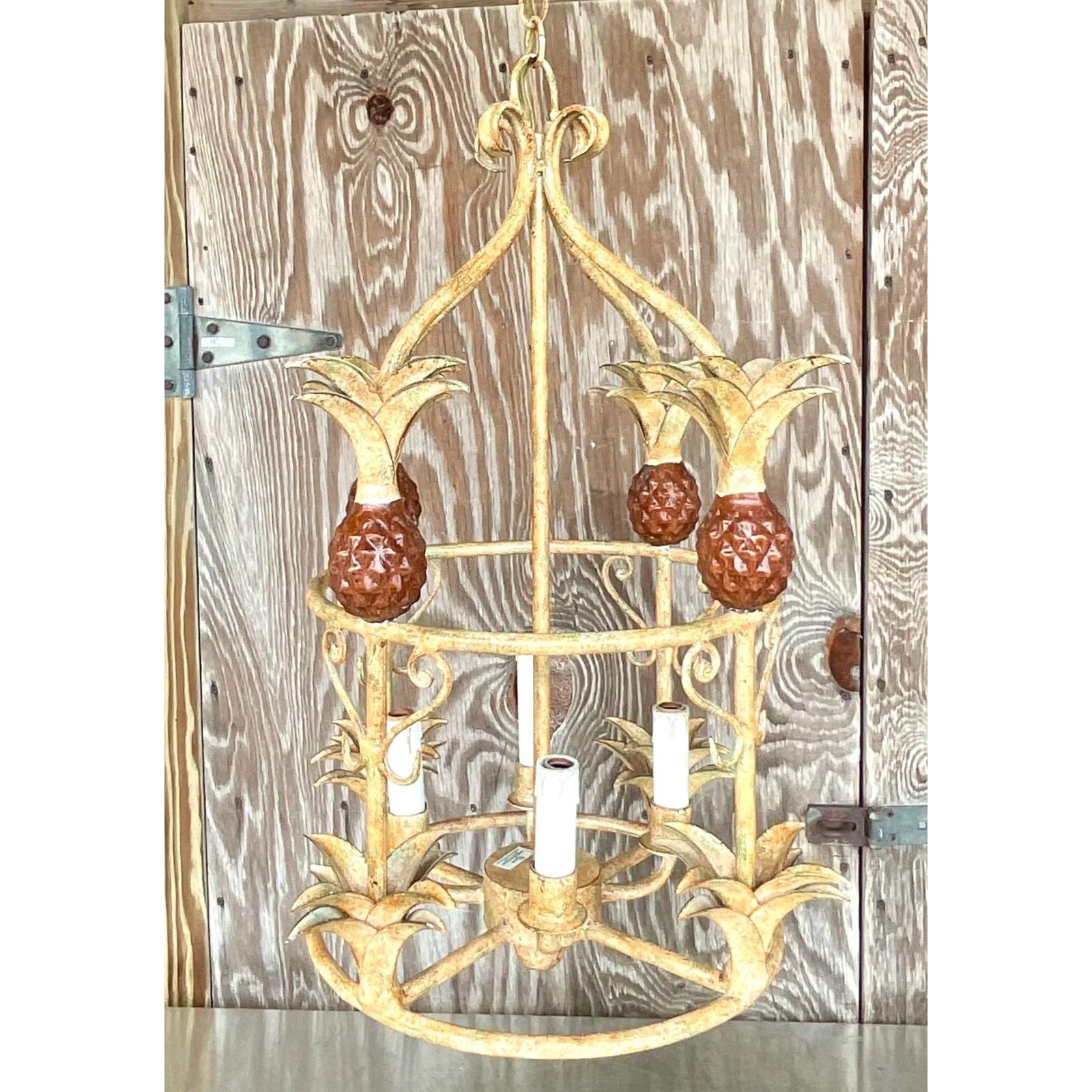 Vintage Coastal Painted Metal Pineapple Chandelier - Back view
