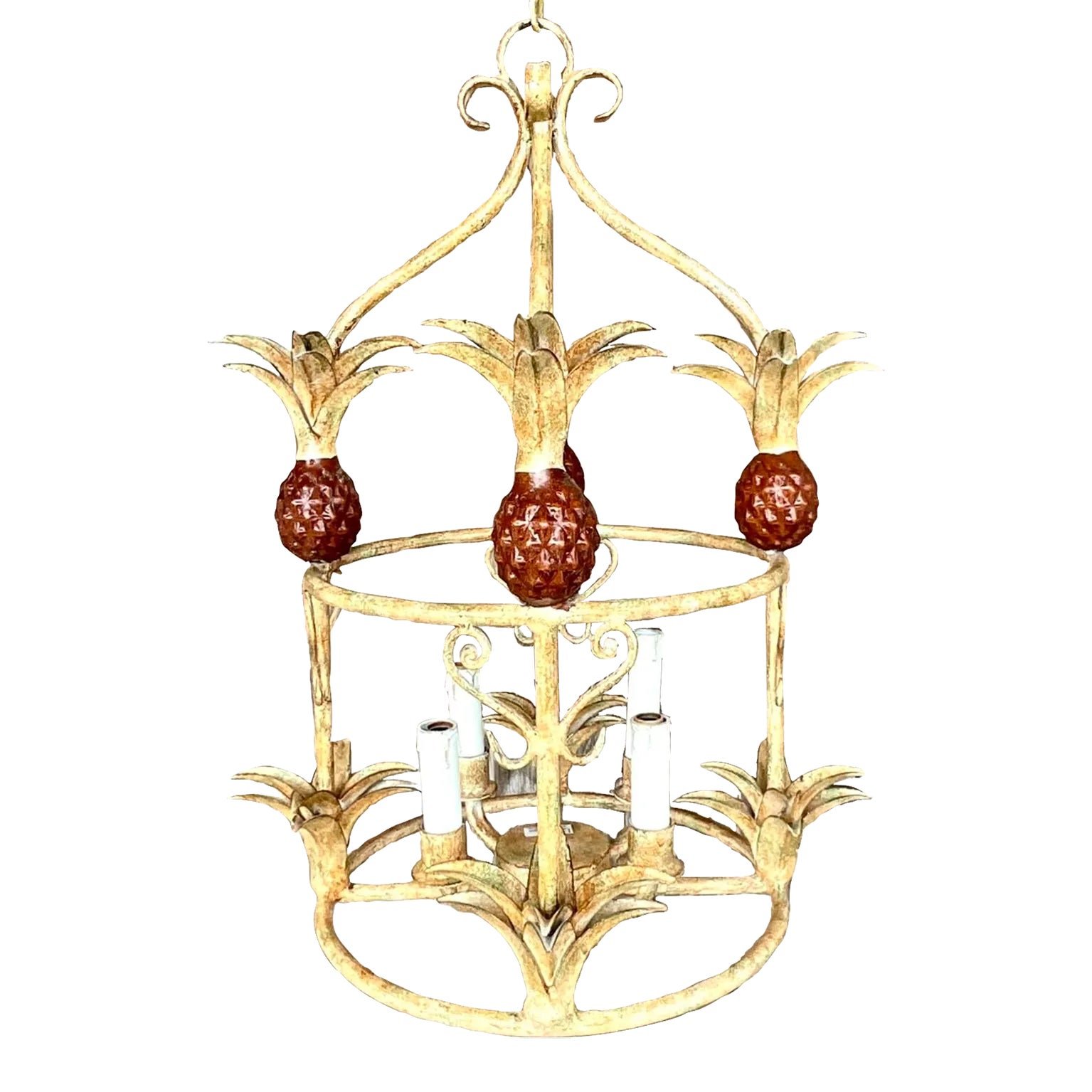Vintage Coastal Painted Metal Pineapple Chandelier