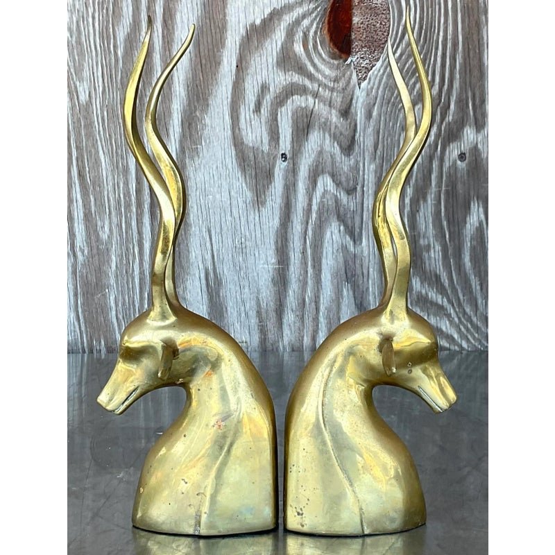 Vintage Boho Brass Antelope Bookends - a Pair - Side view