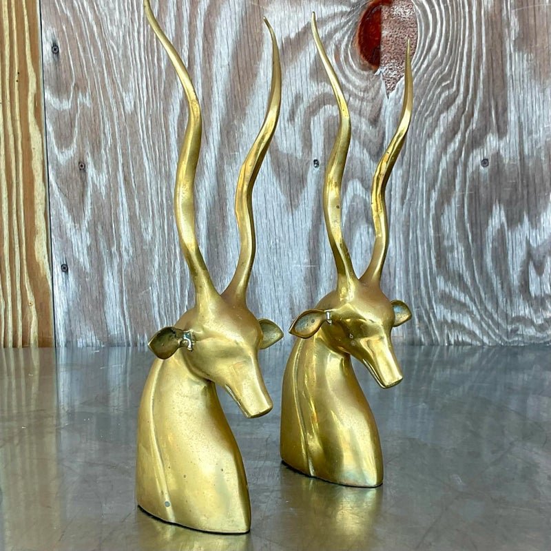 Vintage Boho Brass Antelope Bookends - a Pair - Back view