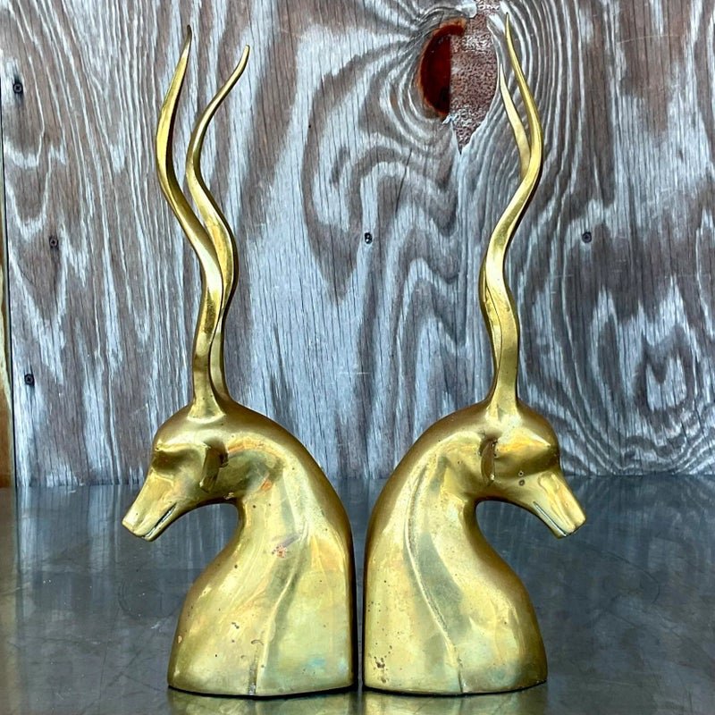 Vintage Boho Brass Antelope Bookends - a Pair - Top view