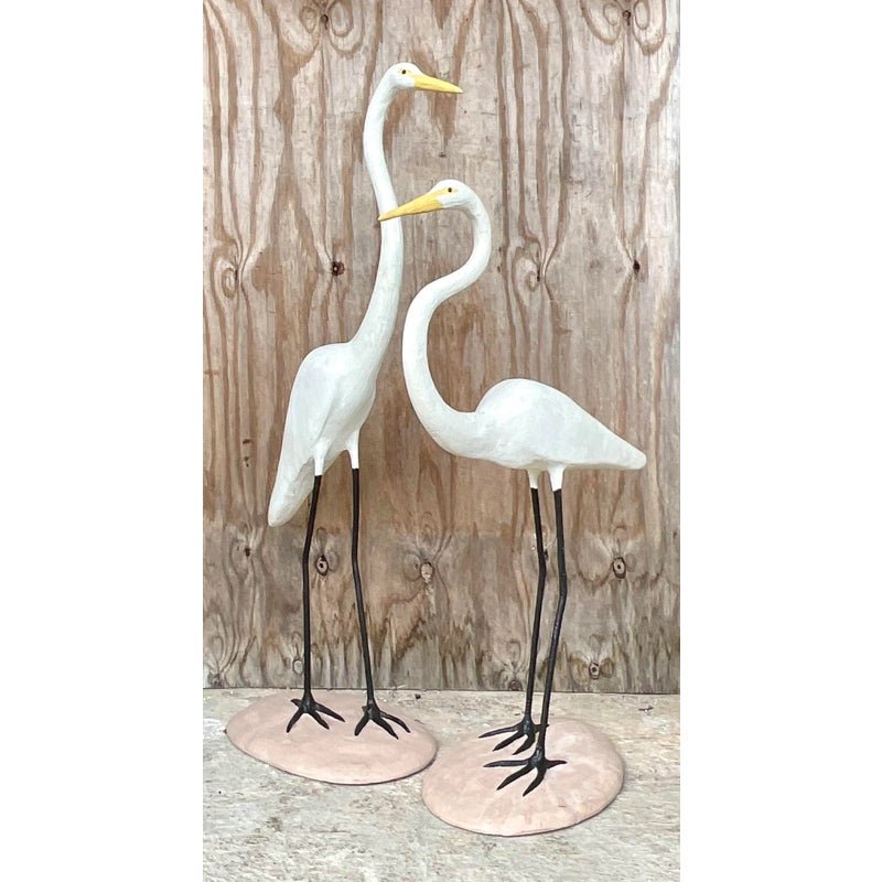 Vintage Boho Concrete Cranes - a Pair - Detail view