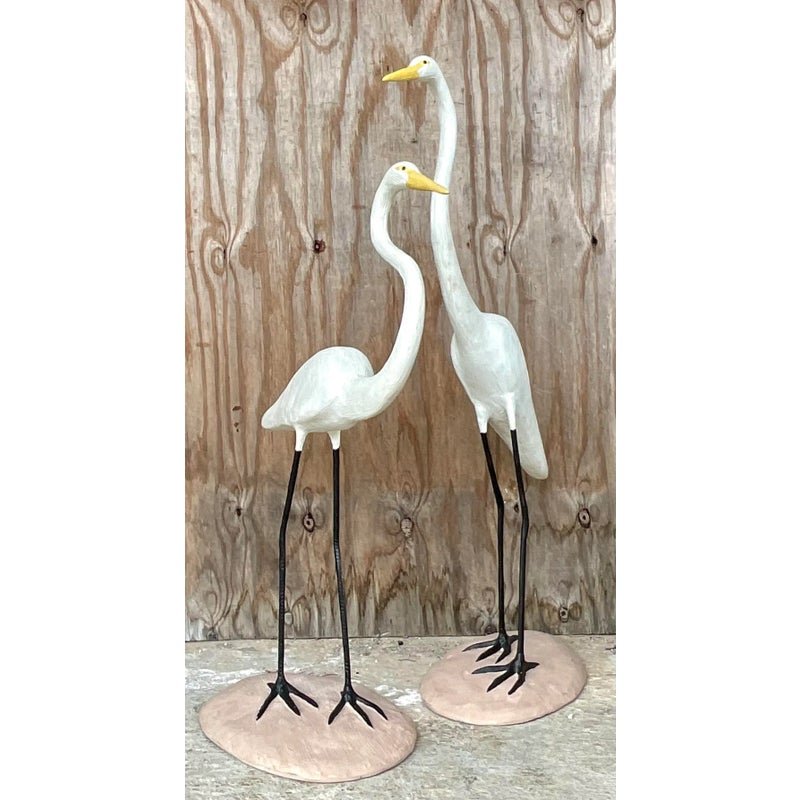 Vintage Boho Concrete Cranes - a Pair - Side view