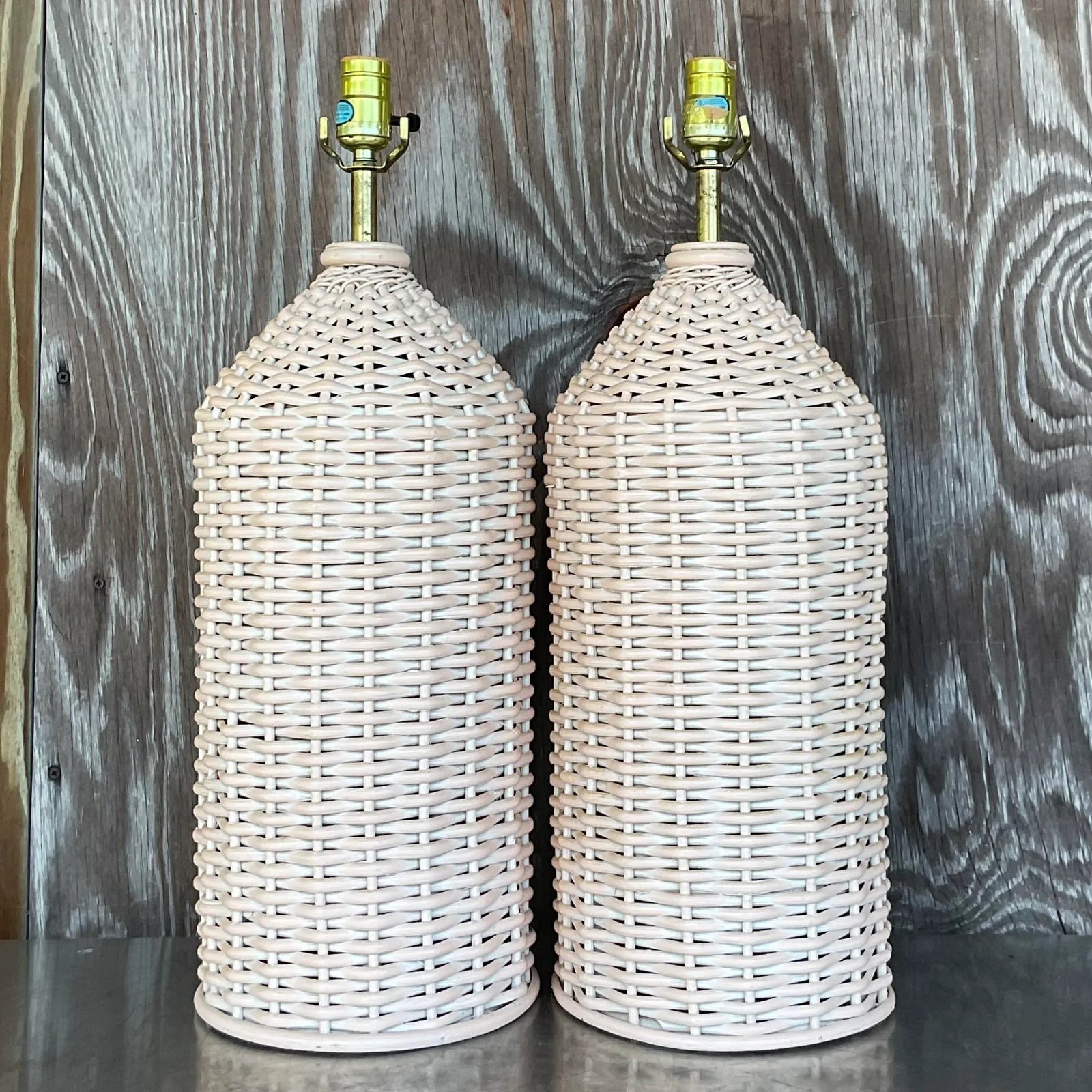 Vintage Coastal Woven Rattan Table Lamps - a Pair - Detail view