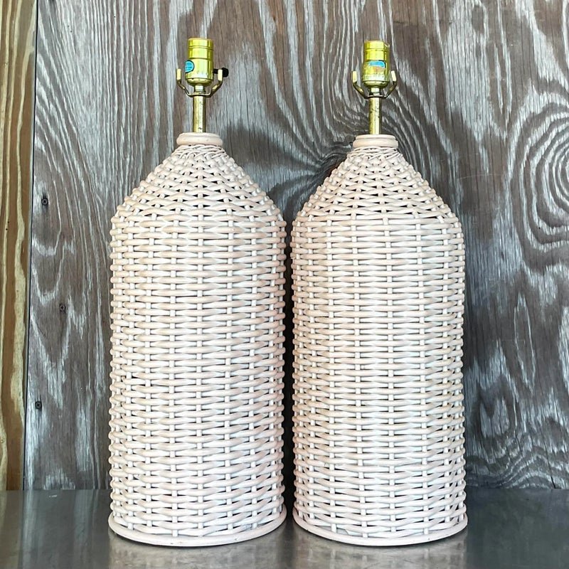 Vintage Coastal Woven Rattan Table Lamps - a Pair - Side view