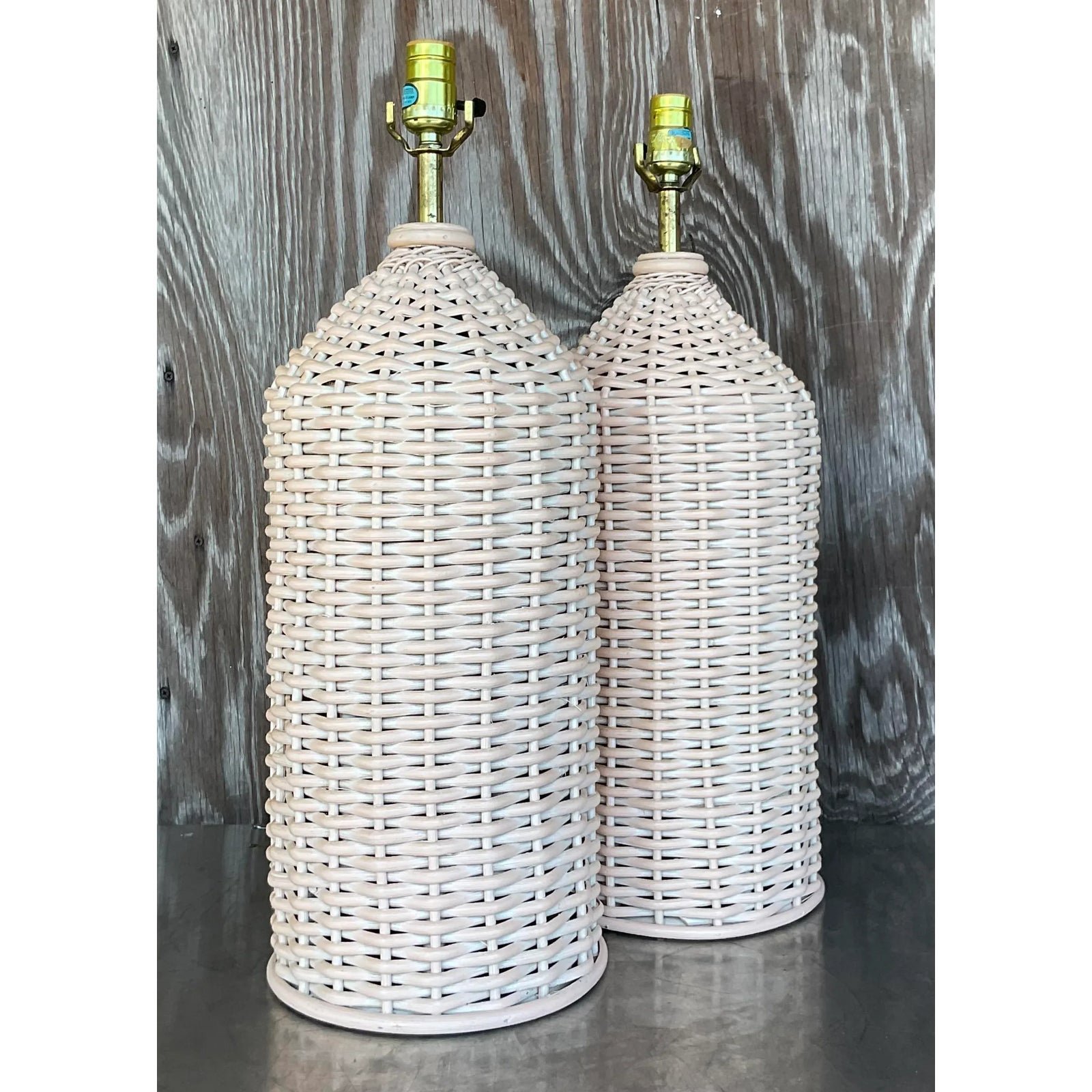 Vintage Coastal Woven Rattan Table Lamps - a Pair - Back view