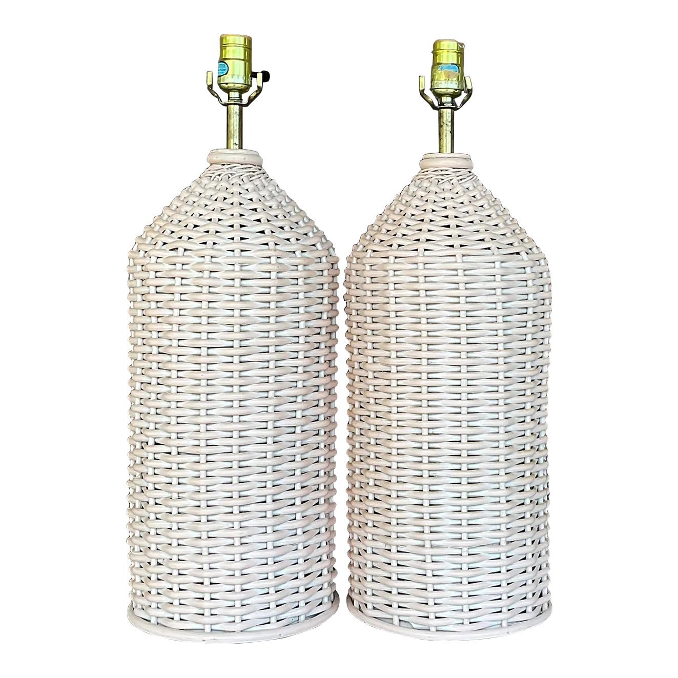 Vintage Coastal Woven Rattan Table Lamps - a Pair