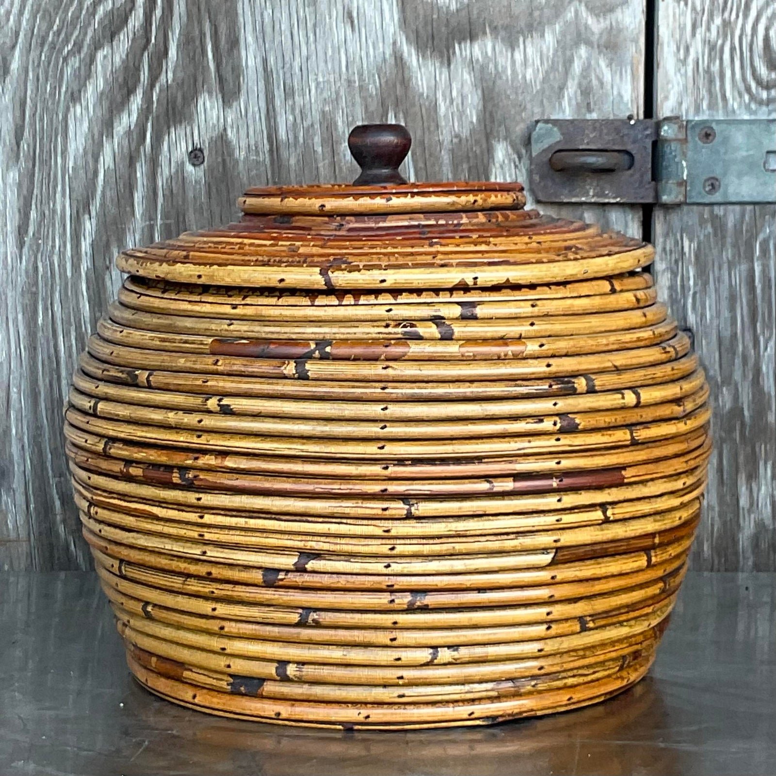 Vintage Costal Pencil Reed Low Lidded Urn - Top view