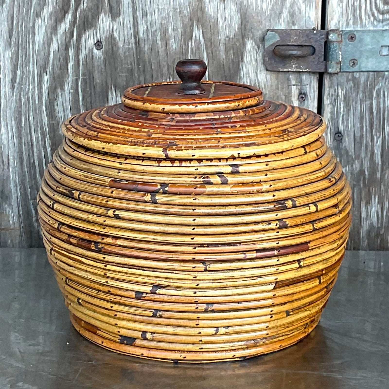 Vintage Costal Pencil Reed Low Lidded Urn - Side view