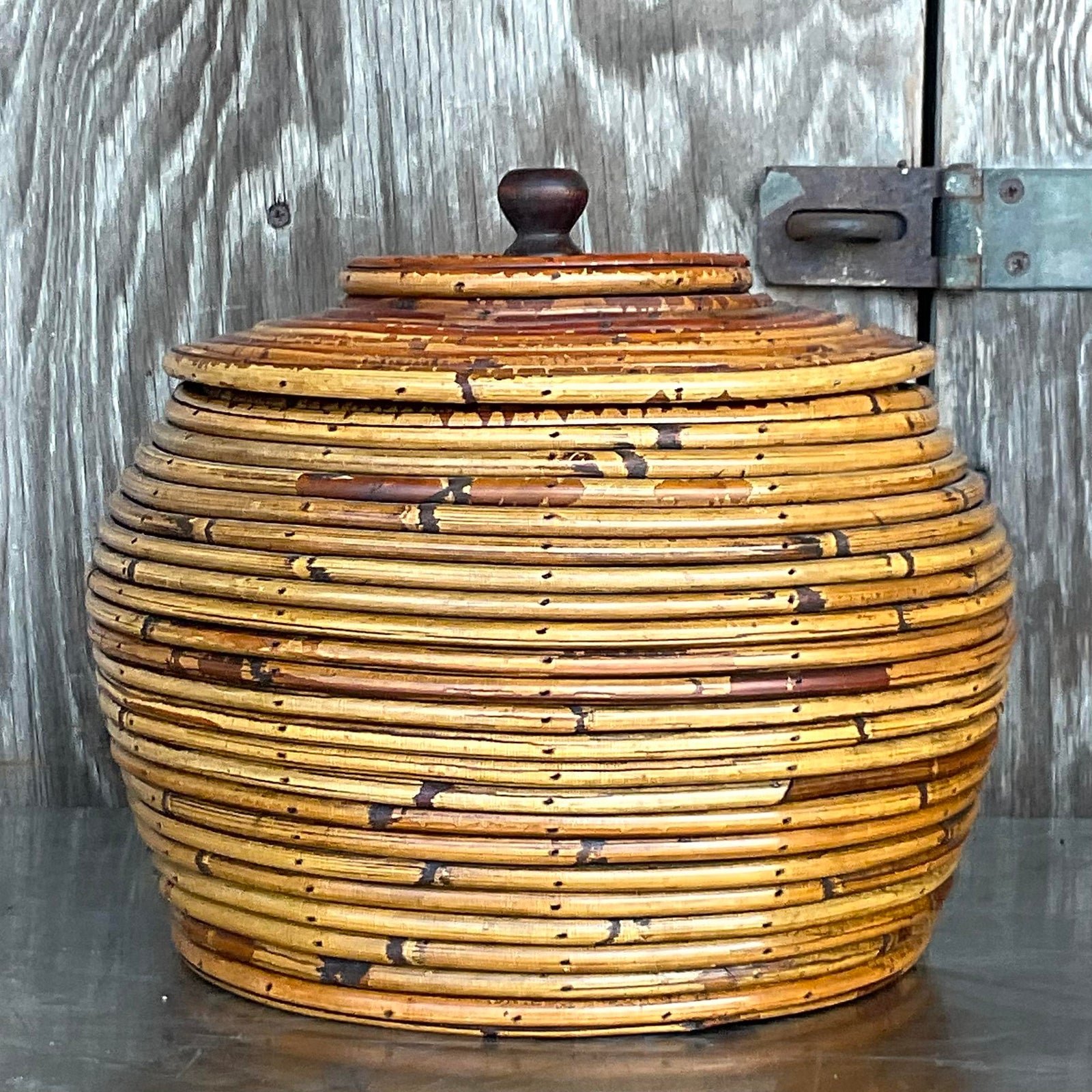 Vintage Costal Pencil Reed Low Lidded Urn - Back view