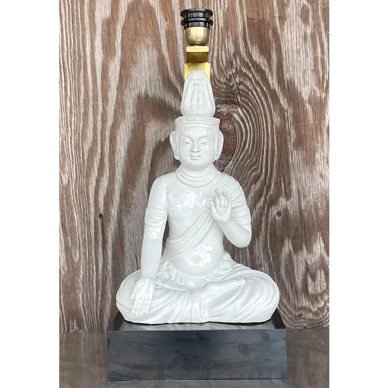 Vintage Asian Glazed Ceramic Table Lamp - Side view