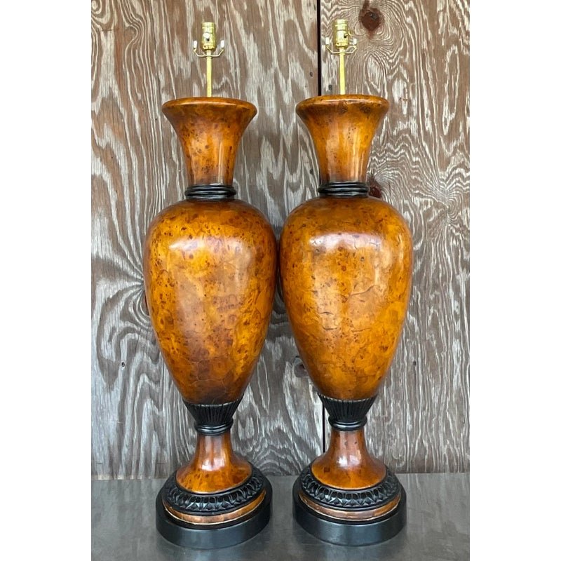 Vintage Late 20th Century Boho Burl Wood Urn Lamps - a Pair - Detail view