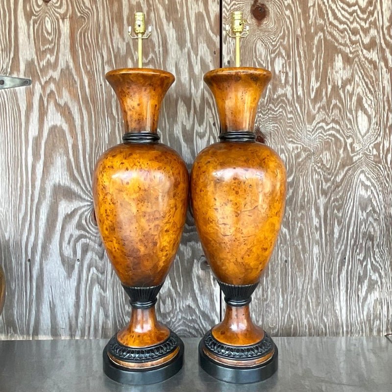 Vintage Late 20th Century Boho Burl Wood Urn Lamps - a Pair - Side view