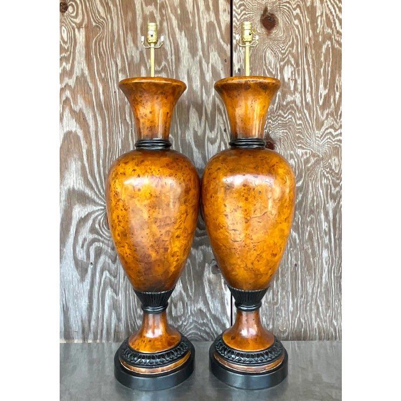 Vintage Late 20th Century Boho Burl Wood Urn Lamps - a Pair - Top view