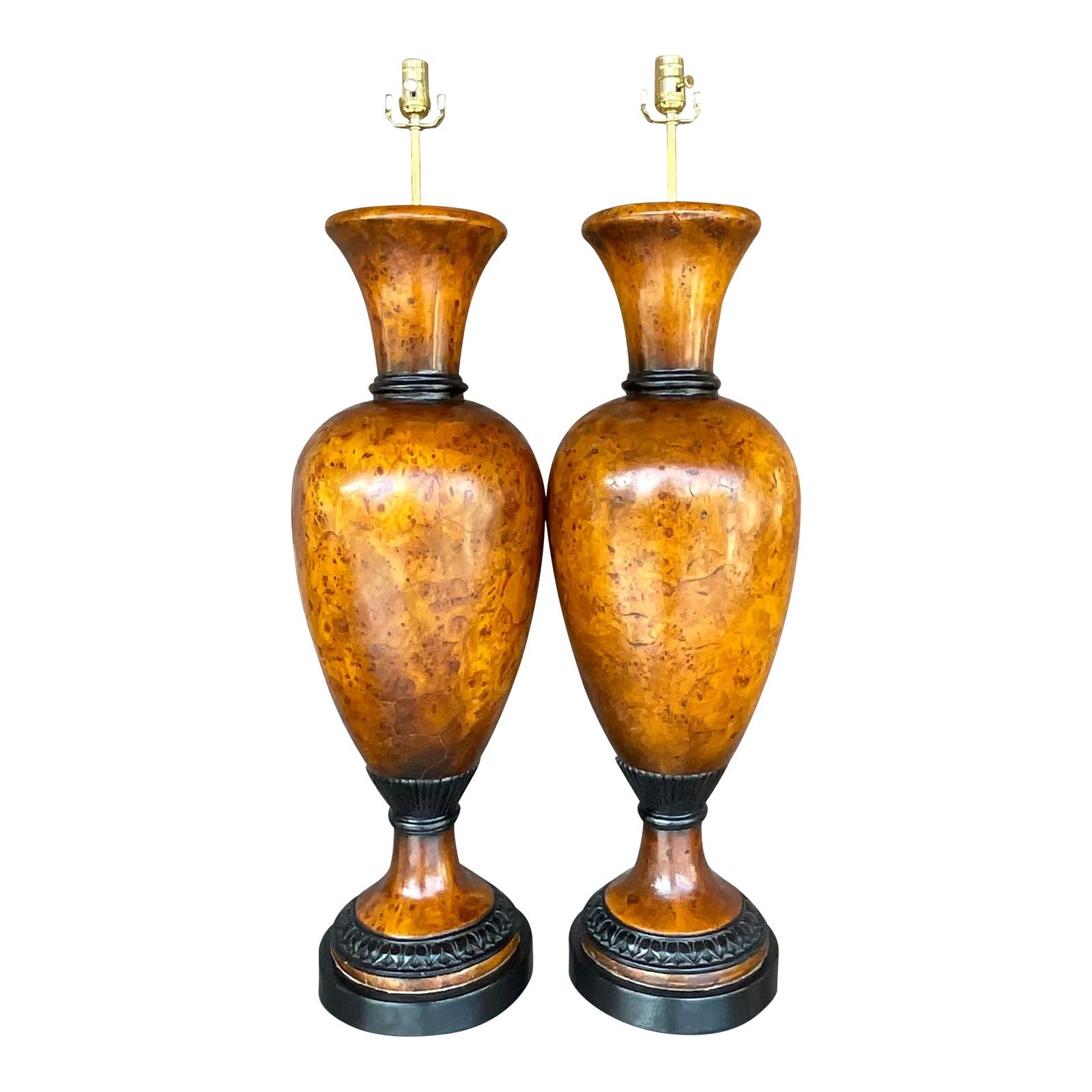 Vintage Late 20th Century Boho Burl Wood Urn Lamps - a Pair
