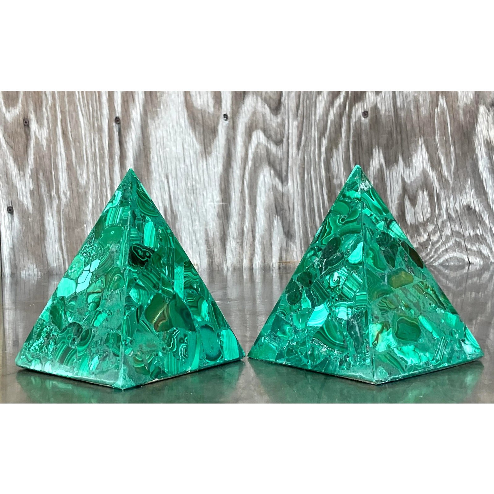 Vintage Boho Malachite Pyramids- a Pair - Side view