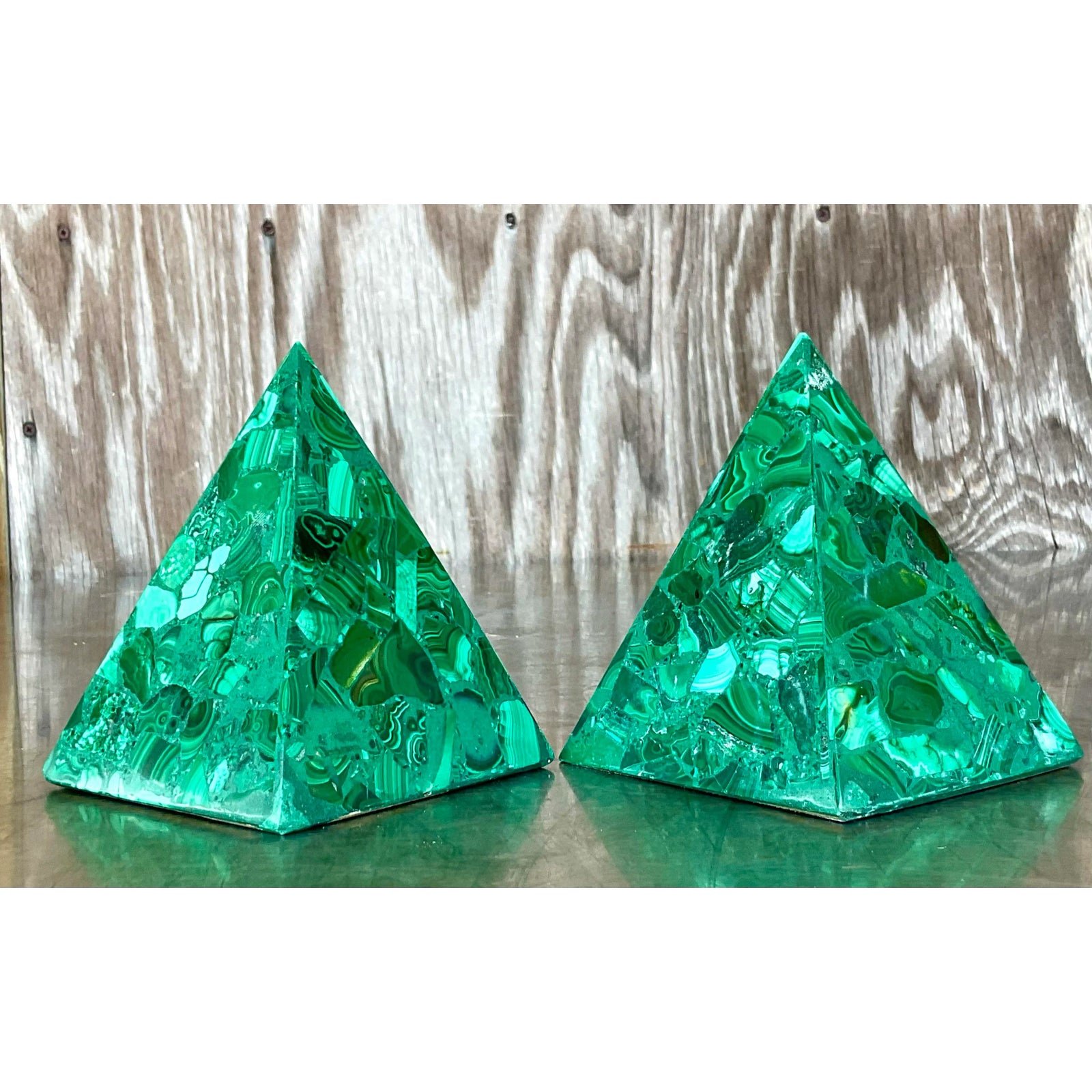 Vintage Boho Malachite Pyramids- a Pair - Back view
