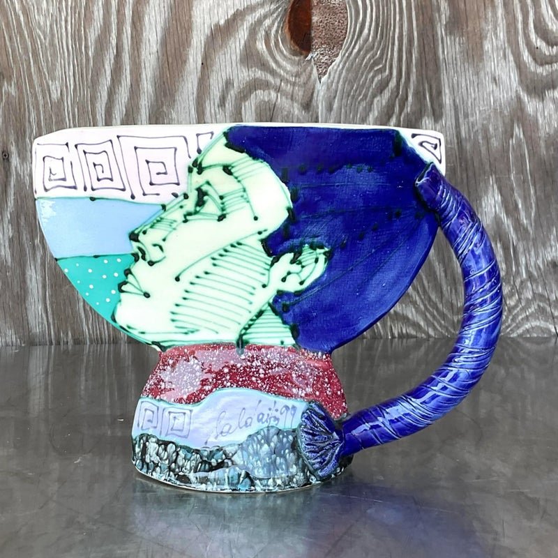 Vintage Boho Signed Hand Painted Glazed Ceramic Vessel - Top view