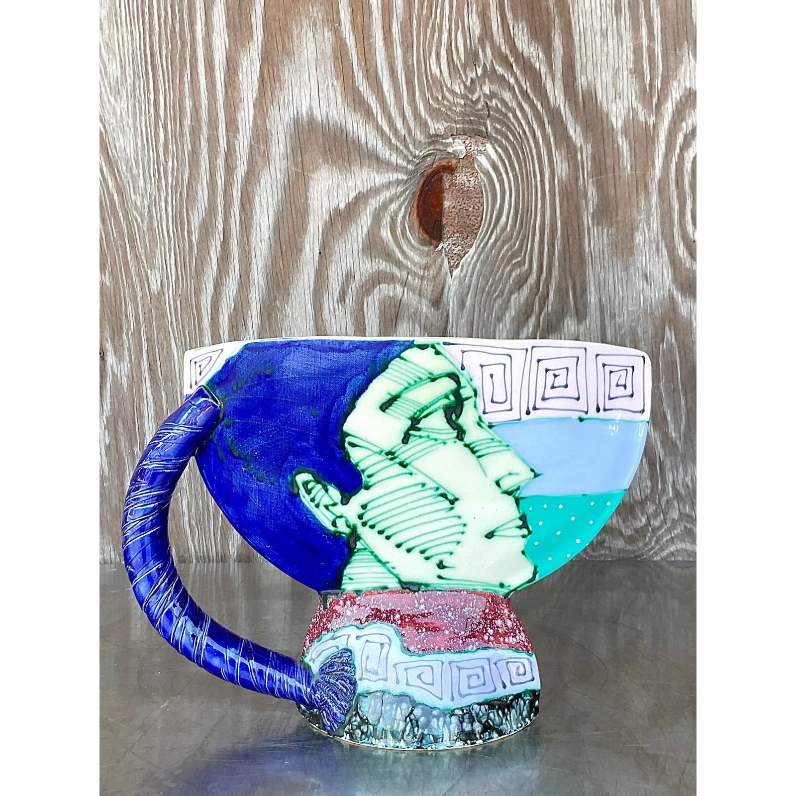 Vintage Boho Signed Hand Painted Glazed Ceramic Vessel - Back view
