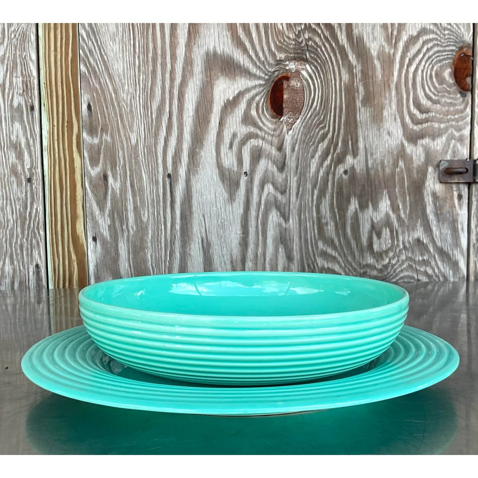 Vintage Boho Glazed Ceramic Platter and Bowl Serving Set- 2 Pieces - Detail view
