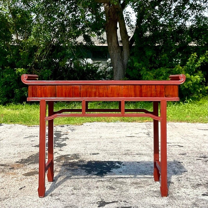 Late 20th Century Vintage Boho Reclaimed Wood Tall Pagoda Console Table - Top view