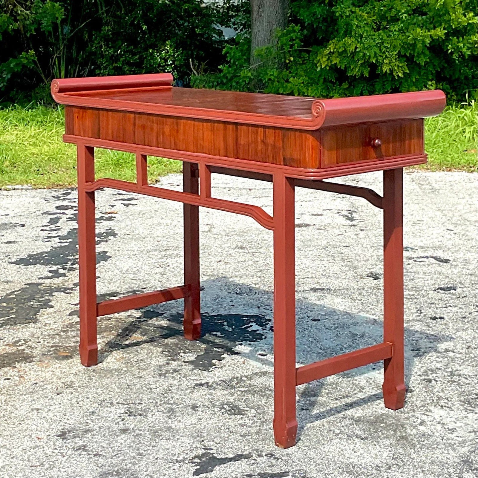 Late 20th Century Vintage Boho Reclaimed Wood Tall Pagoda Console Table - Back view