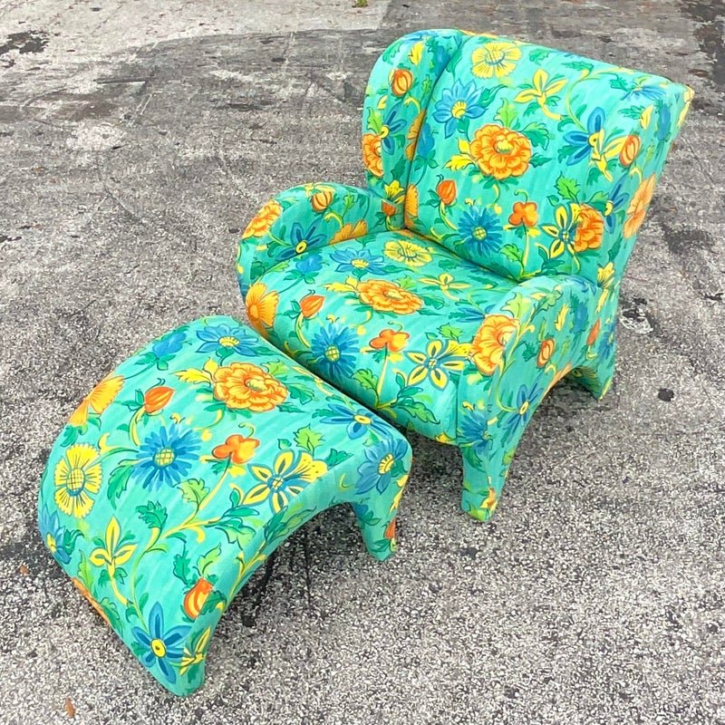 Vintage Boho Thayer Coggin Floral Chair and Ottoman Set - Back view