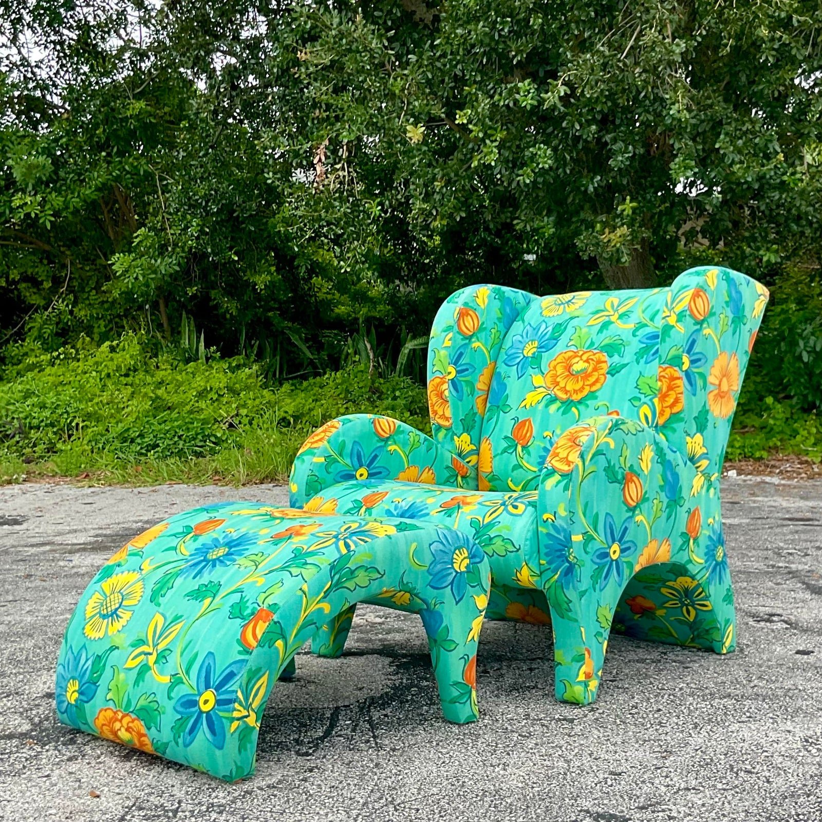 Vintage Boho Thayer Coggin Floral Chair and Ottoman Set - Side view