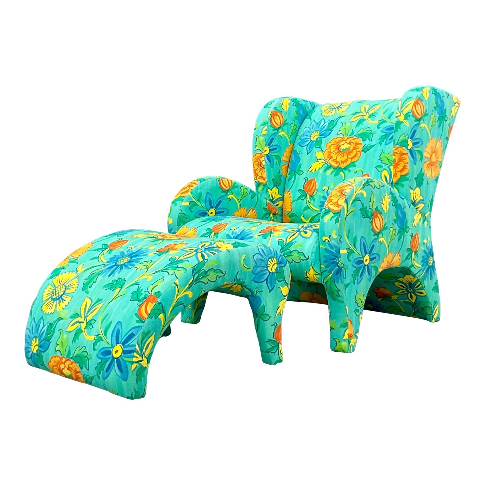 Vintage Boho Thayer Coggin Floral Chair and Ottoman Set