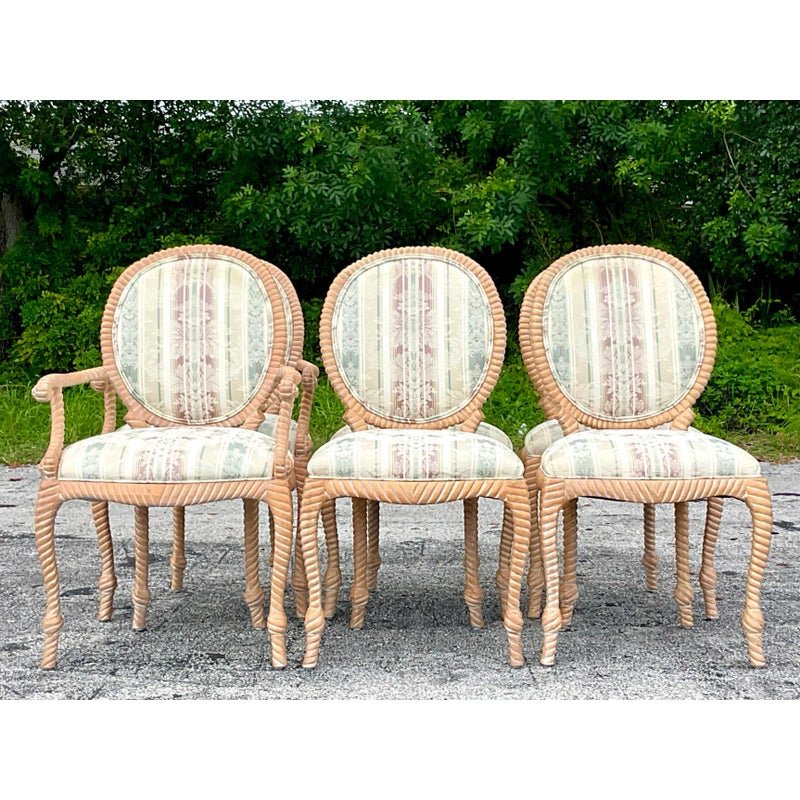 Vintage Boho Carved Wood Rope Design Dining Chairs - Set of 6 - Back view