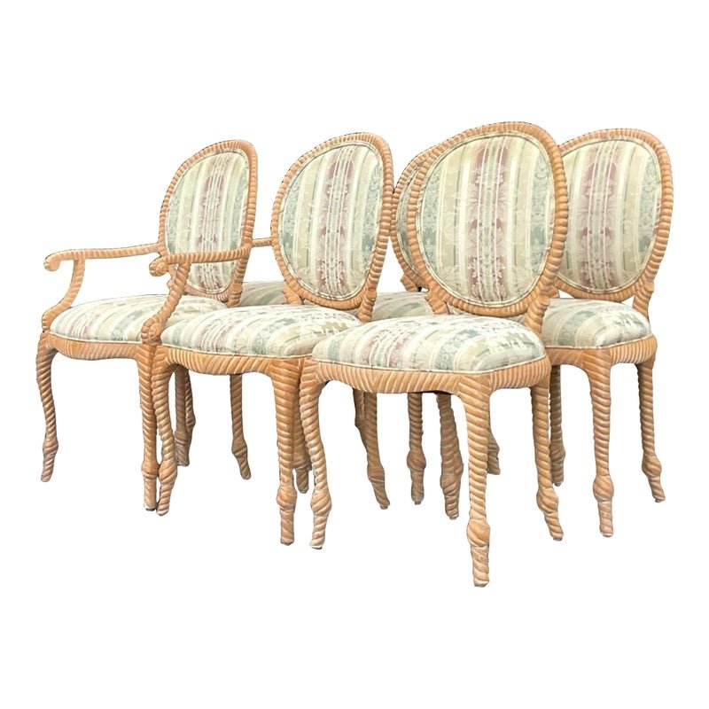 Vintage Boho Carved Wood Rope Design Dining Chairs - Set of 6