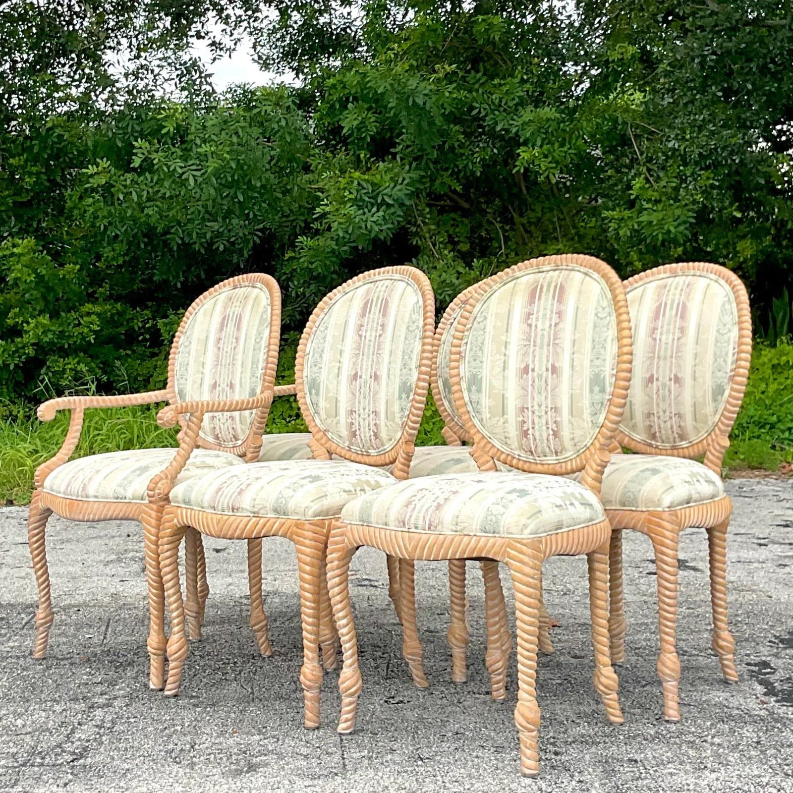 Vintage Boho Carved Wood Rope Design Dining Chairs - Set of 6 - Side view