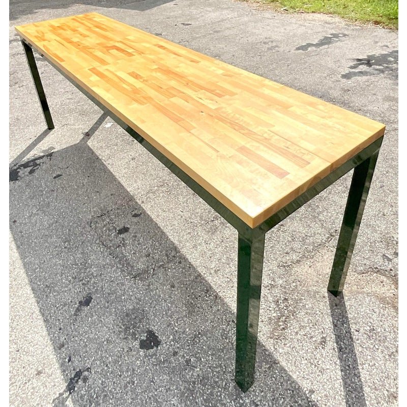 Vintage Boho Hunter Green Metal and Butcher Block Console Table, 1980s - Top view