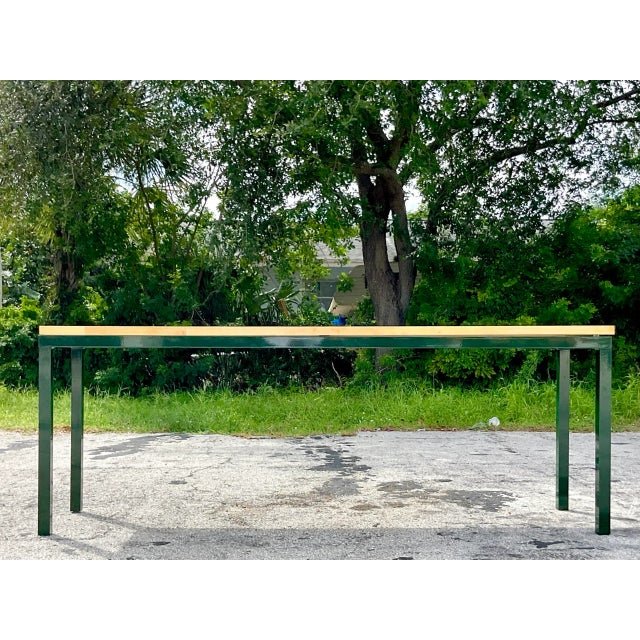 Vintage Boho Hunter Green Metal and Butcher Block Console Table, 1980s - Detail view