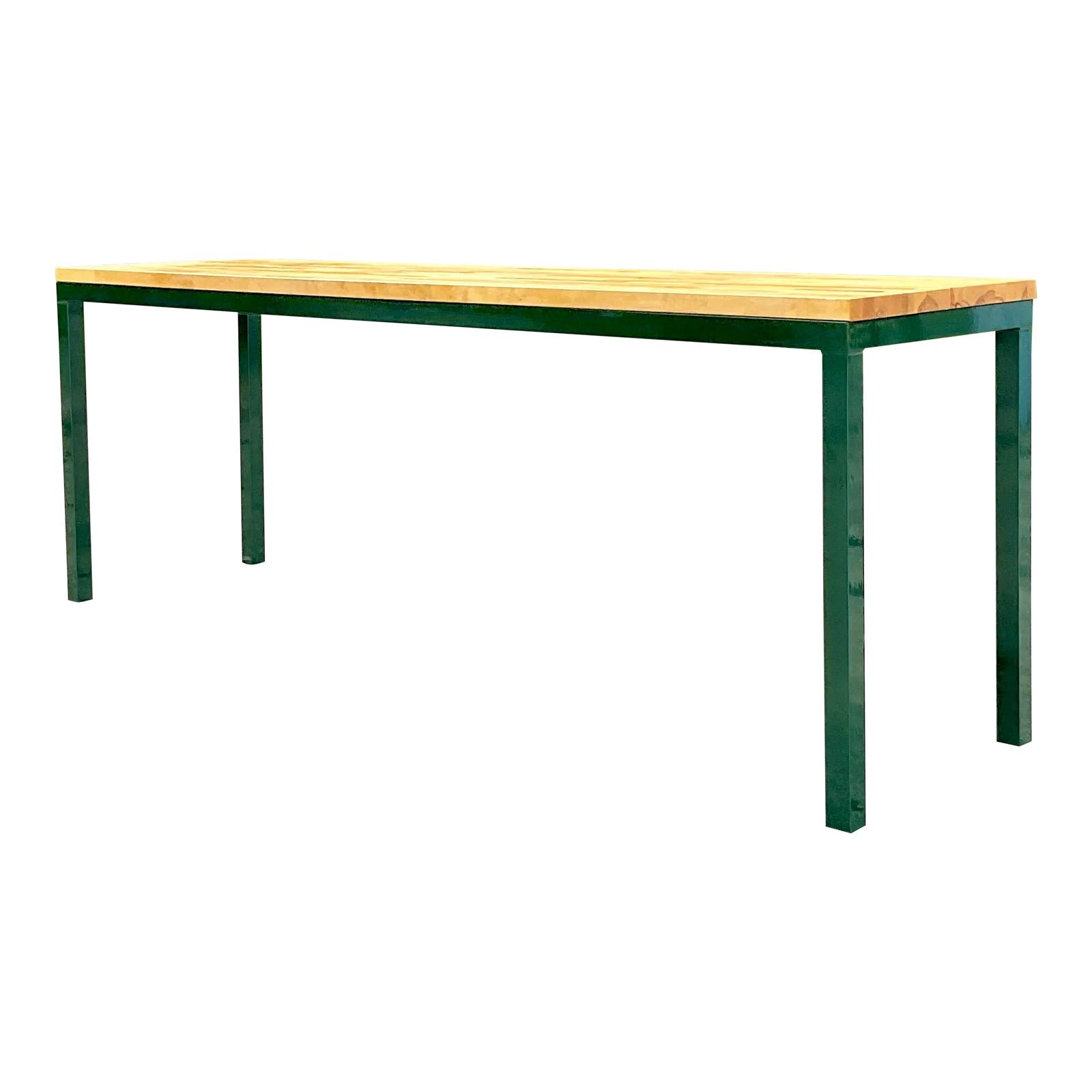 Vintage Boho Hunter Green Metal and Butcher Block Console Table, 1980s