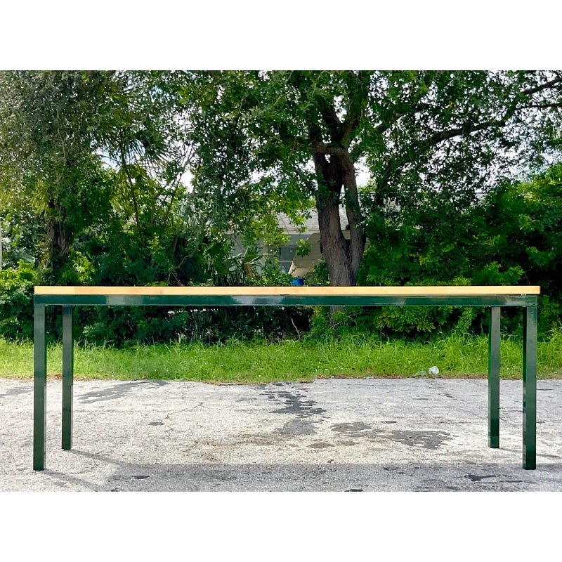 Vintage Boho Hunter Green Metal and Butcher Block Console Table, 1980s - Back view