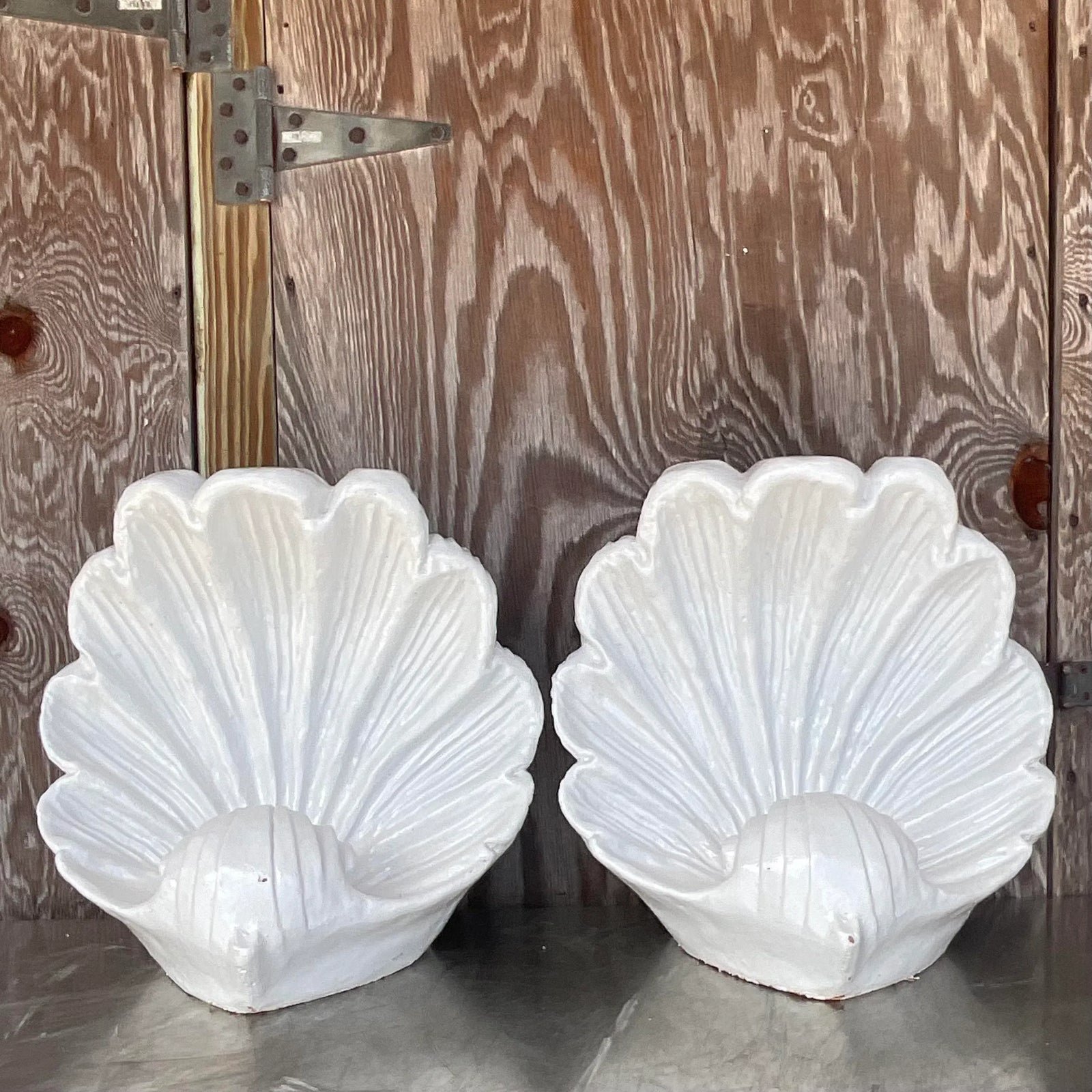 Vintage Coastal White Glazed Ceramic Clam Shell Sculptures - a Pair - Detail view