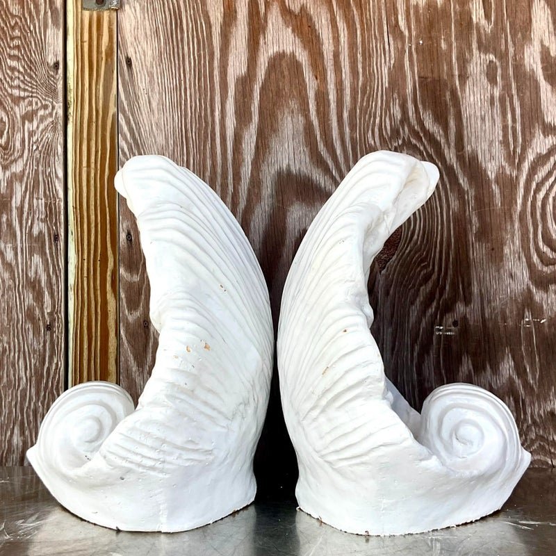 Vintage Coastal White Glazed Ceramic Clam Shell Sculptures - a Pair - Side view