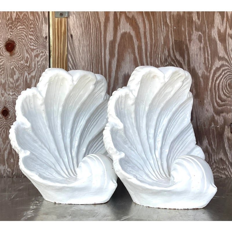 Vintage Coastal White Glazed Ceramic Clam Shell Sculptures - a Pair - Back view