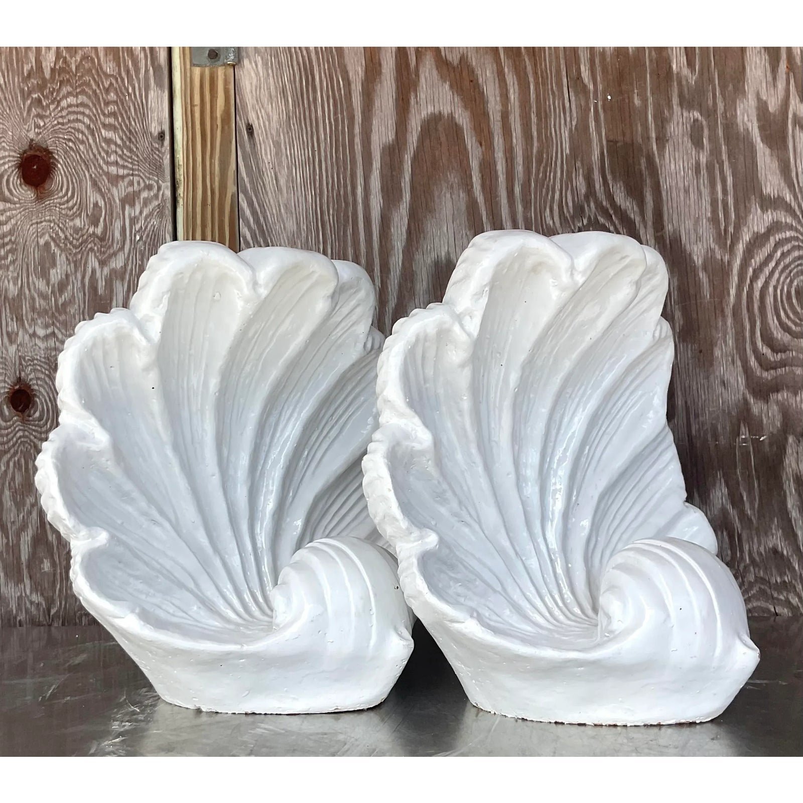 Vintage Coastal White Glazed Ceramic Clam Shell Sculptures - a Pair - Top view
