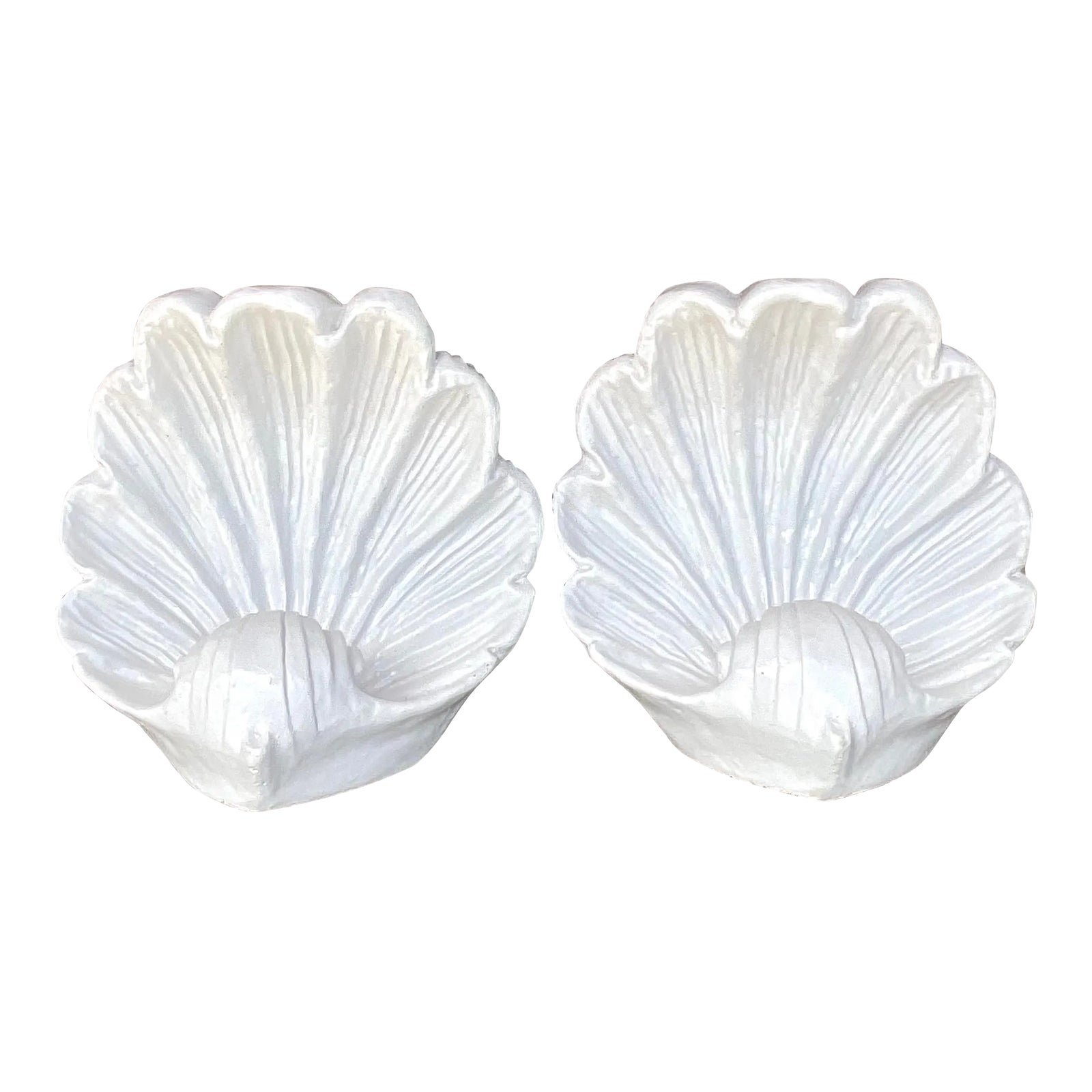 Vintage Coastal White Glazed Ceramic Clam Shell Sculptures - a Pair