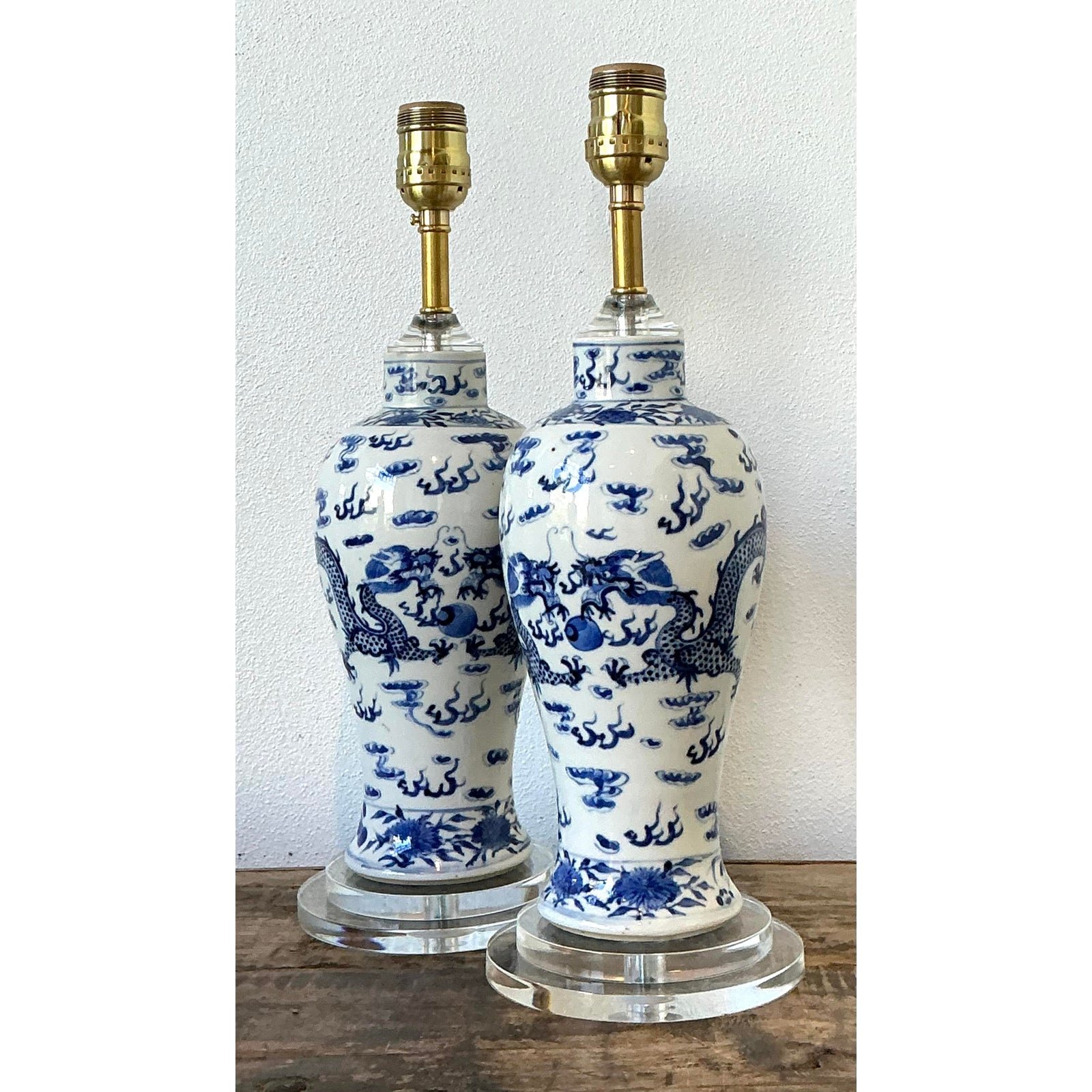 Vintage Dragon Glazed Ceramic Lamps - A Pair - Back view