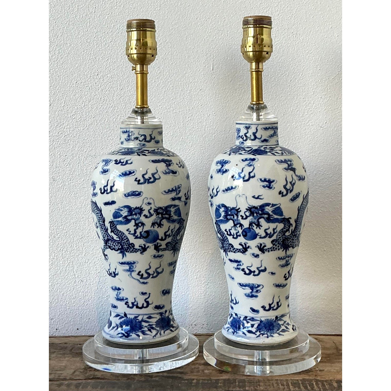 Vintage Dragon Glazed Ceramic Lamps - A Pair - Side view